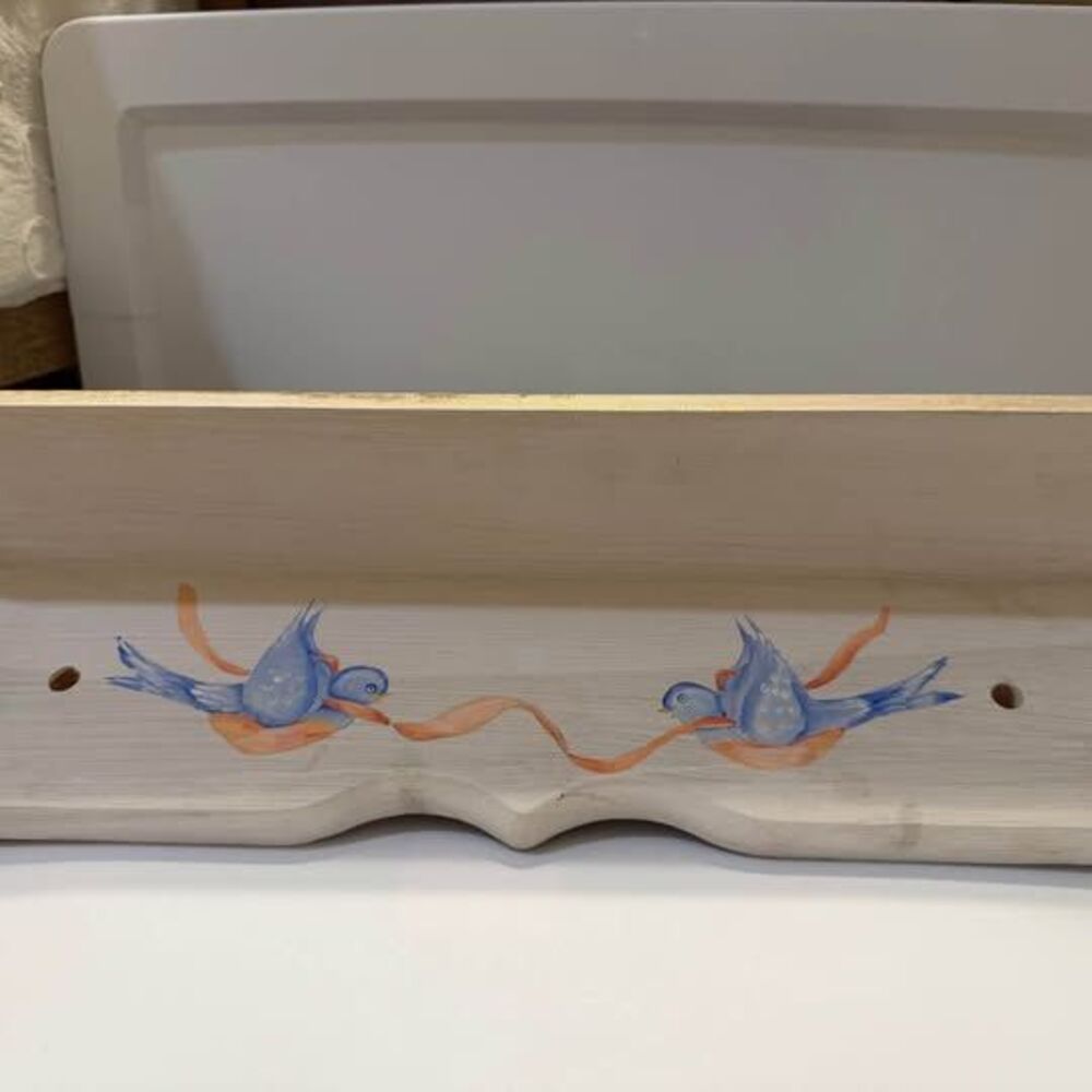 Vintage Hand-Painted Wooden Floating Wall Shelf with Bluebirds & Ribbon